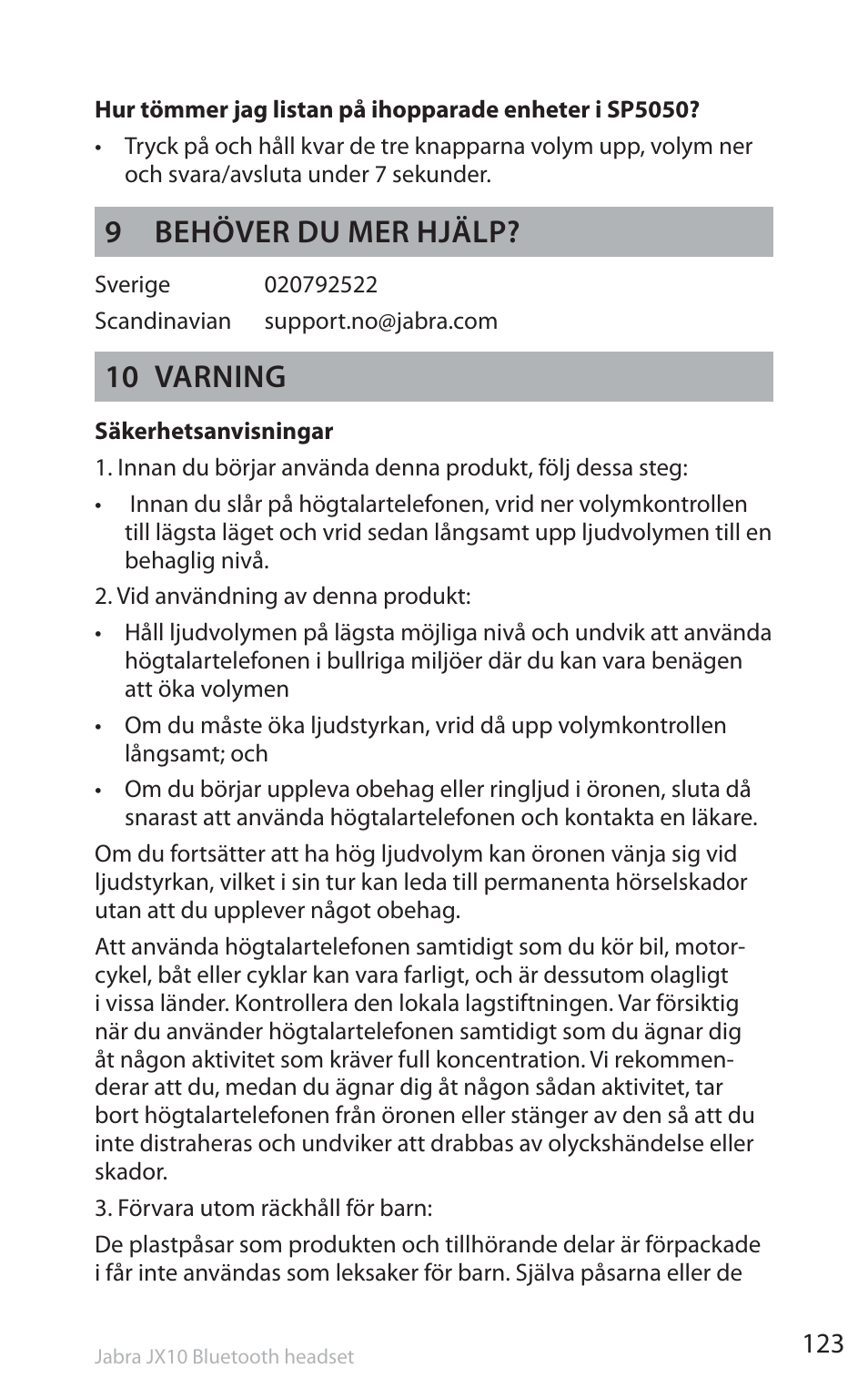 9 behöver du mer hjälp, 10 varning | Jabra SP5050 User Manual | Page 125 / 221