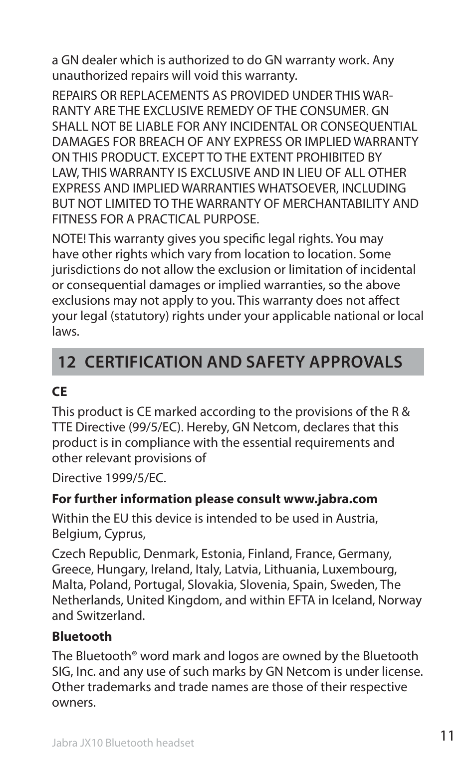 12 certification and safety approvals | Jabra SP5050 User Manual | Page 13 / 221