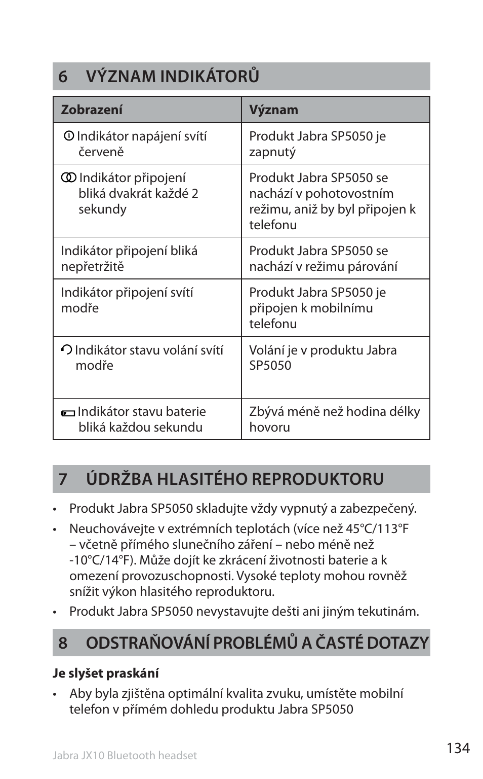 6 význam indikátorů, 7 údržba hlasitého reproduktoru, 8 odstraňování problémů a časté dotazy | Jabra SP5050 User Manual | Page 136 / 221