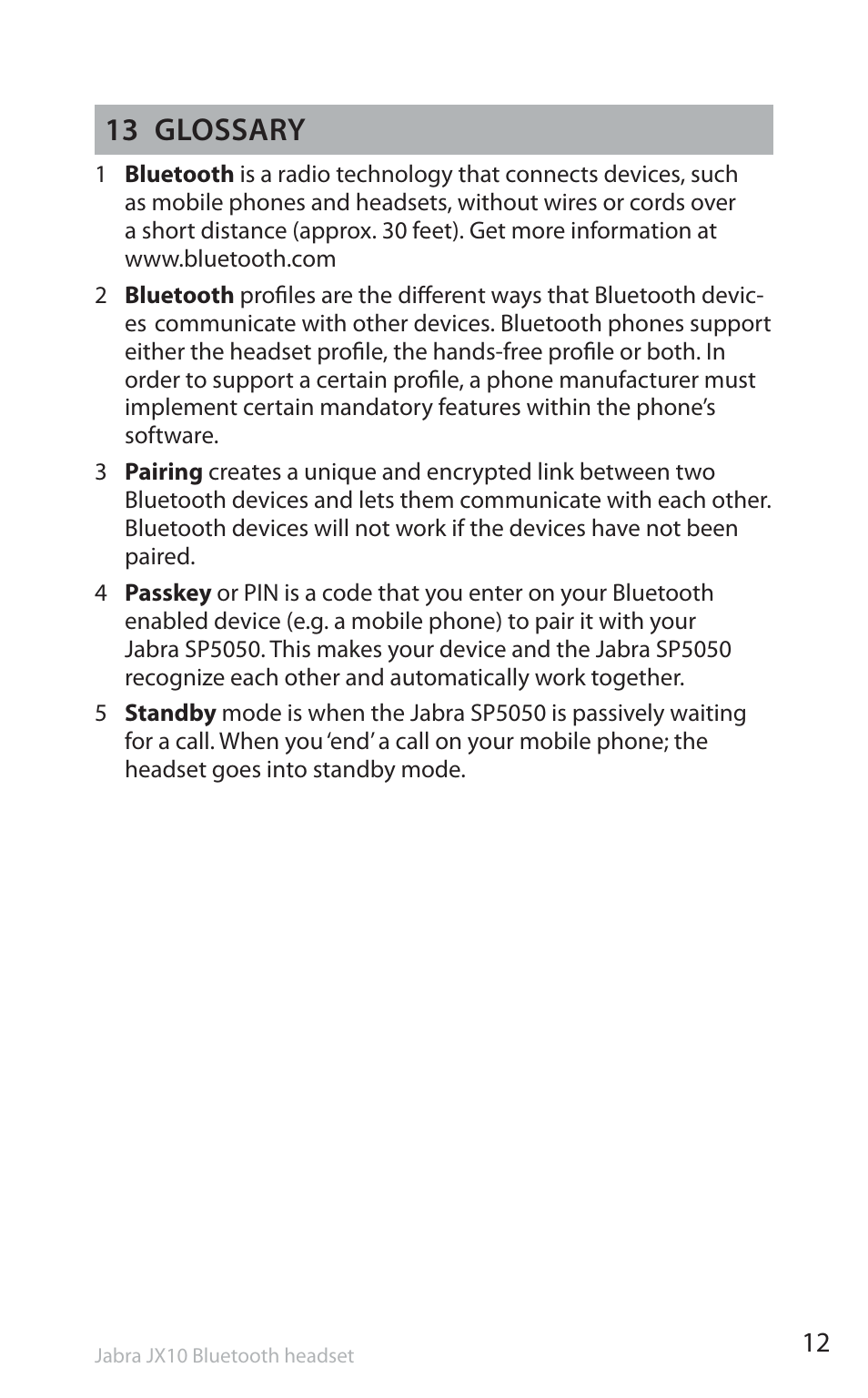 13 glossary | Jabra SP5050 User Manual | Page 14 / 221