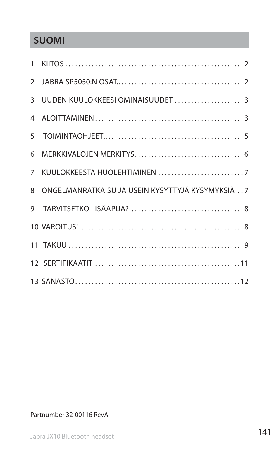 Suomi | Jabra SP5050 User Manual | Page 143 / 221