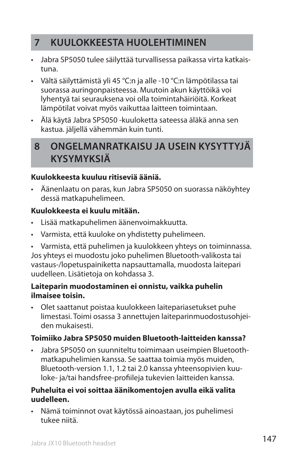 7 kuulokkeesta huolehtiminen, 8 ongelmanratkaisu ja usein kysyttyjä kysymyksiä | Jabra SP5050 User Manual | Page 149 / 221