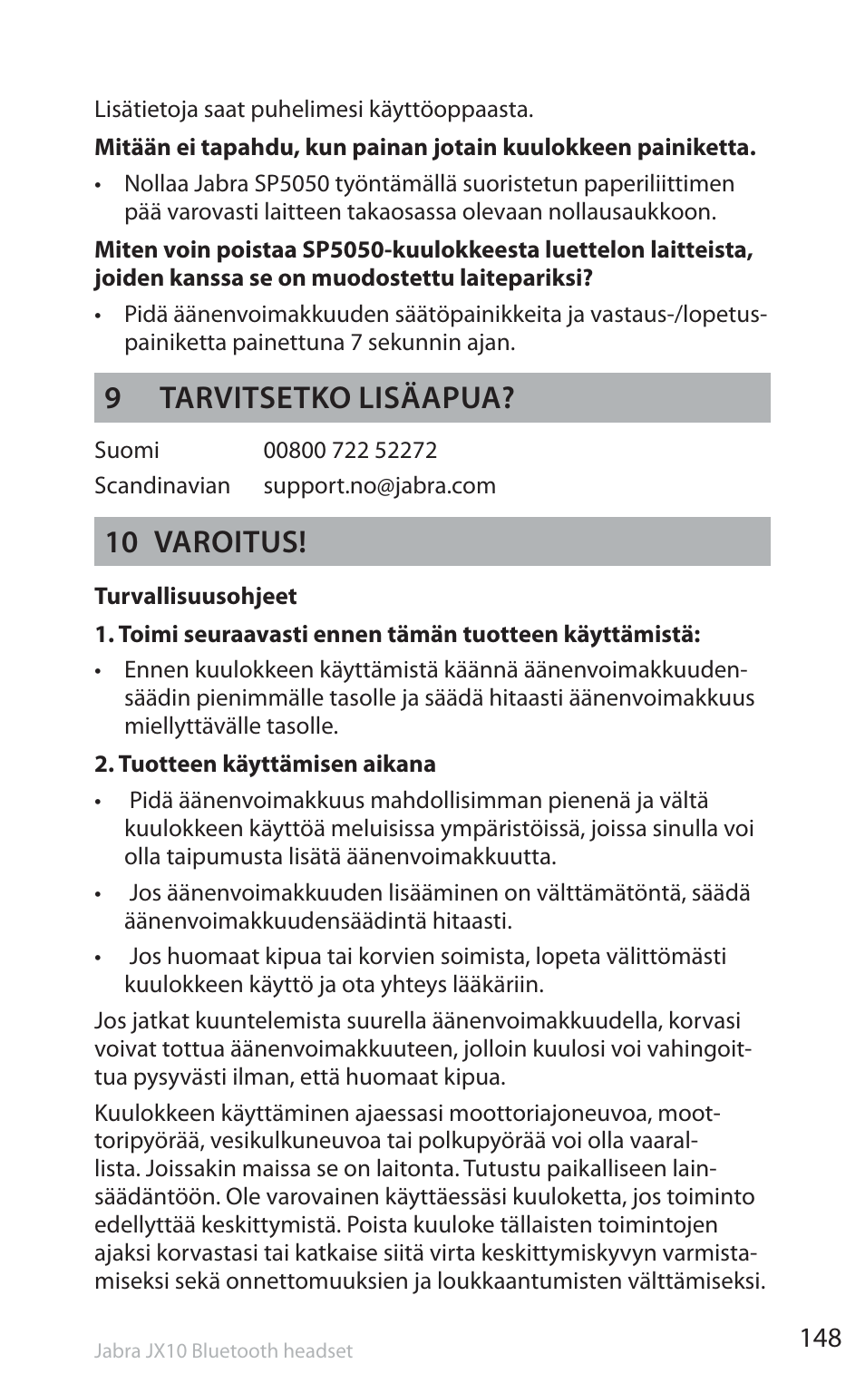 9 tarvitsetko lisäapua, 10 varoitus | Jabra SP5050 User Manual | Page 150 / 221