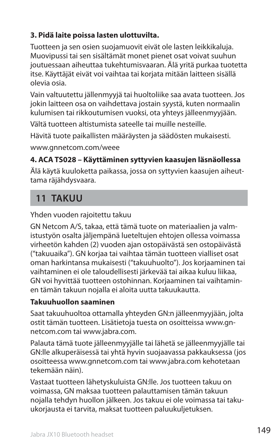 11 takuu | Jabra SP5050 User Manual | Page 151 / 221
