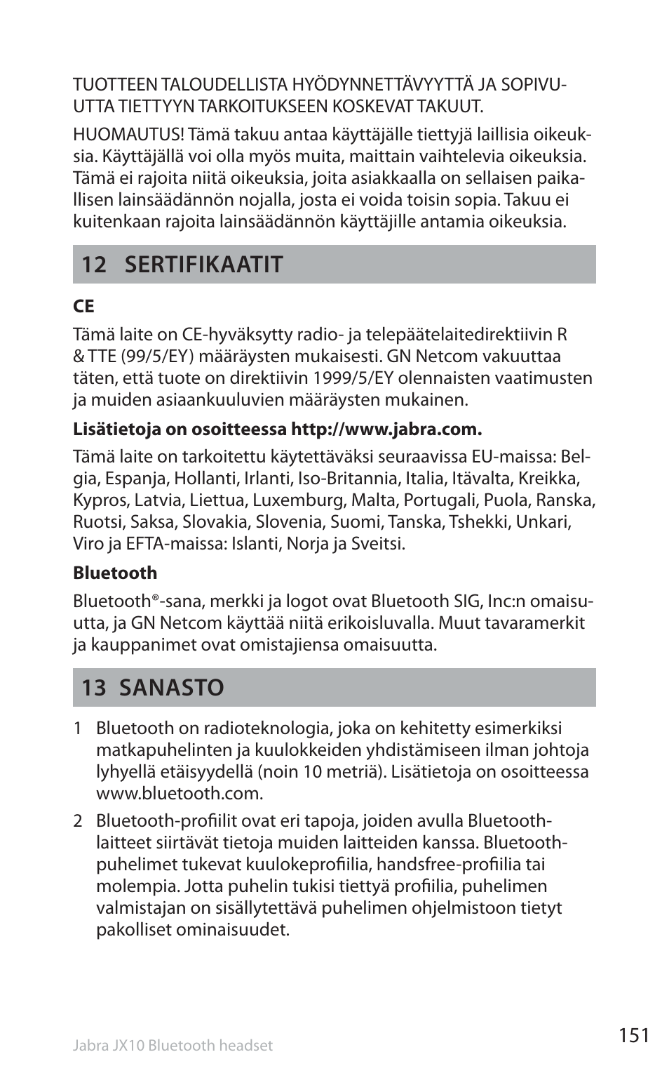 12 sertifikaatit, 13 sanasto | Jabra SP5050 User Manual | Page 153 / 221