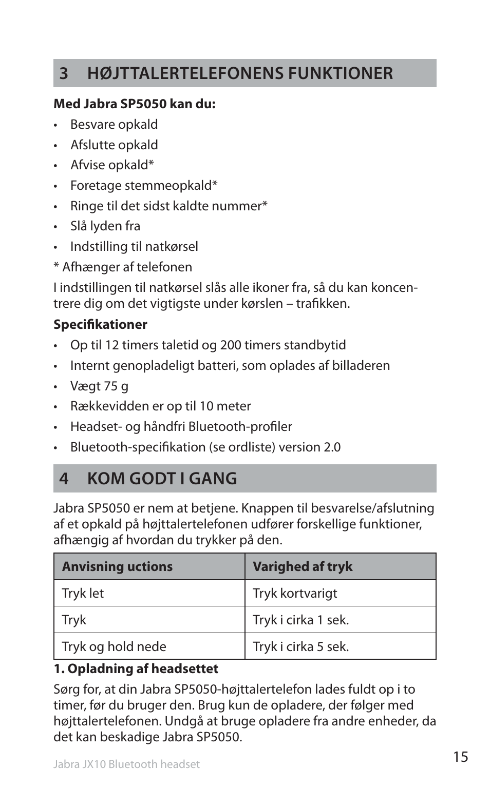3 højttalertelefonens funktioner, 4 kom godt i gang | Jabra SP5050 User Manual | Page 17 / 221