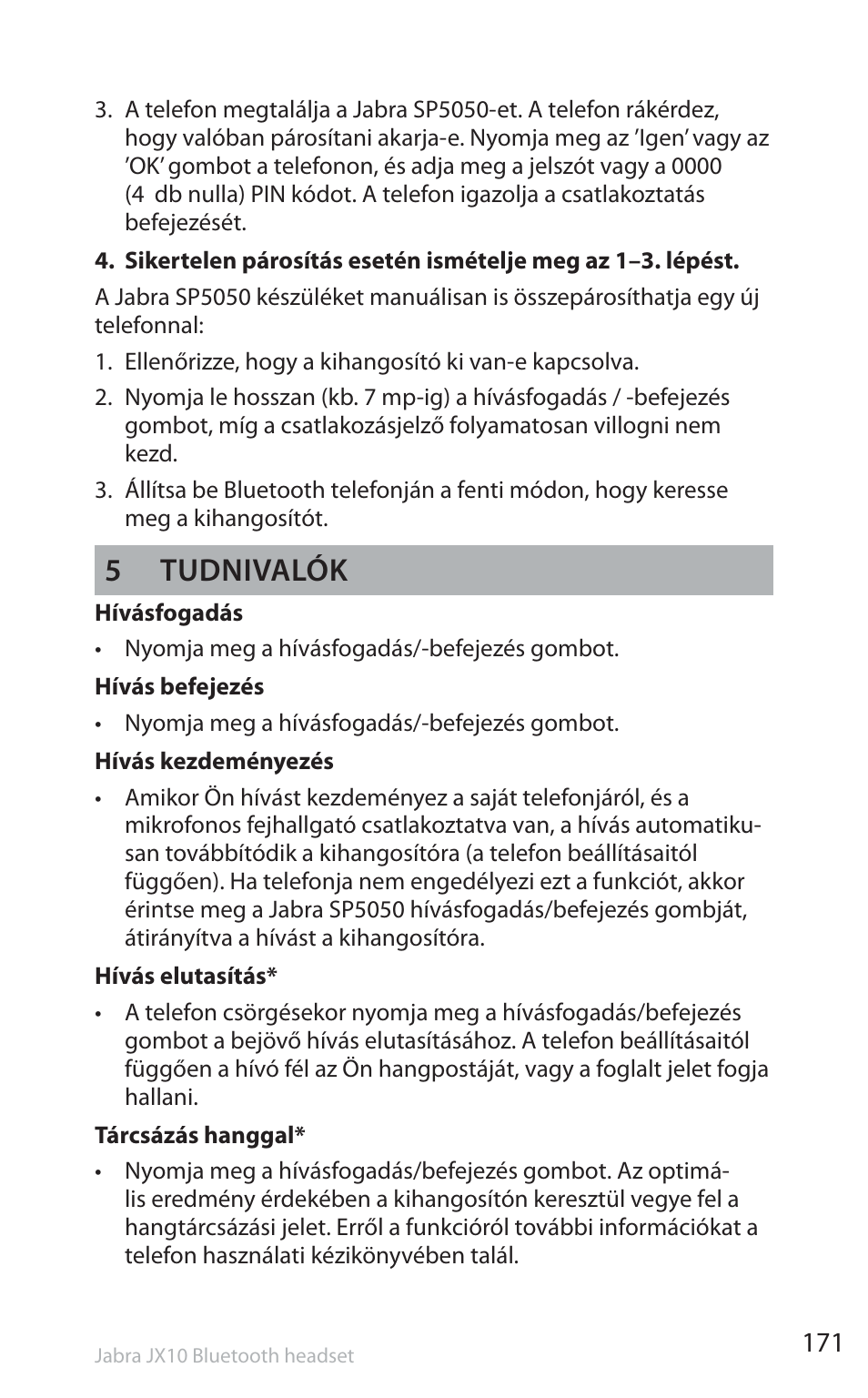 5 tudnivalók | Jabra SP5050 User Manual | Page 173 / 221
