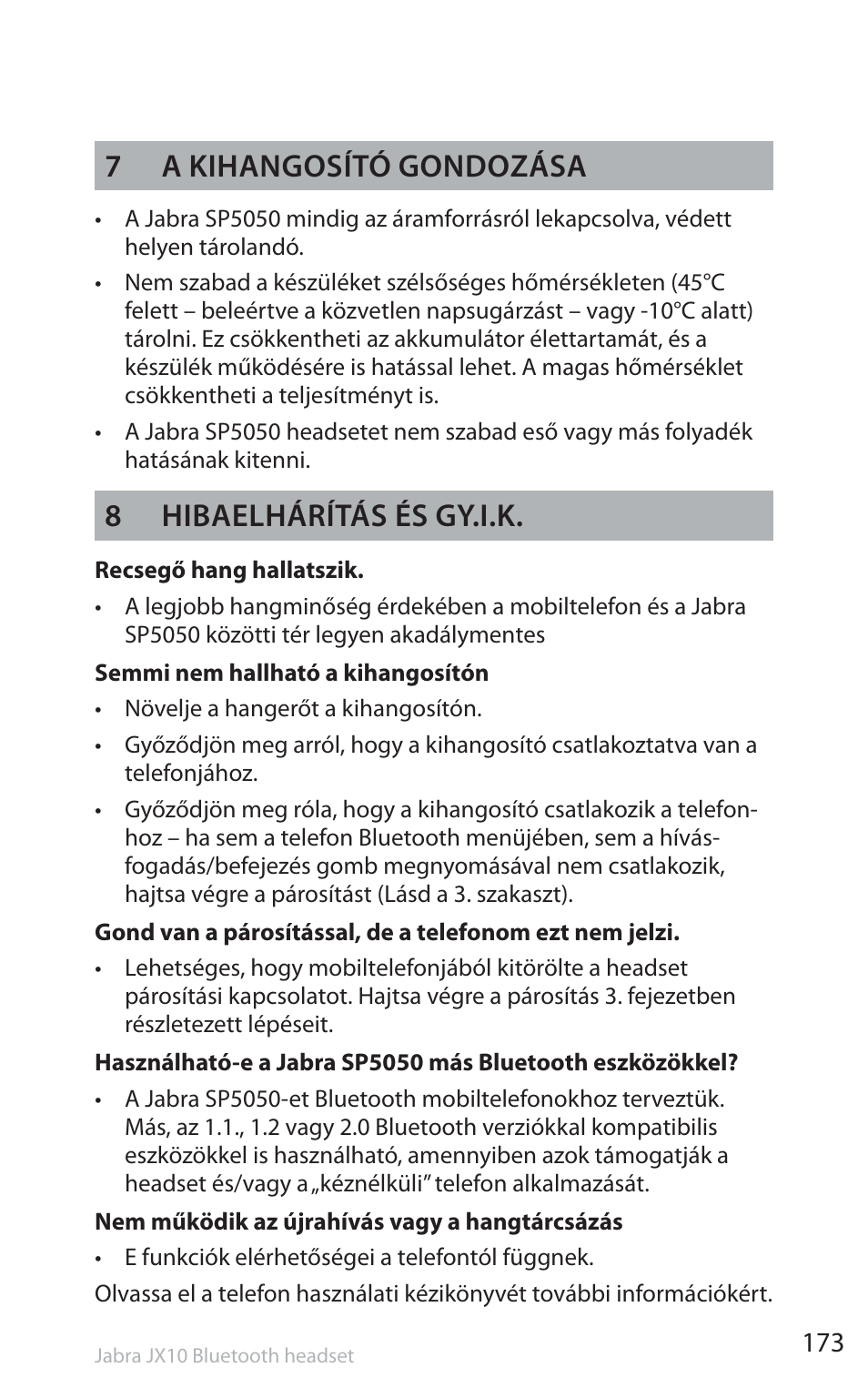 7a kihangosító gondozása, 8hibaelhárítás és gy.i.k | Jabra SP5050 User Manual | Page 175 / 221