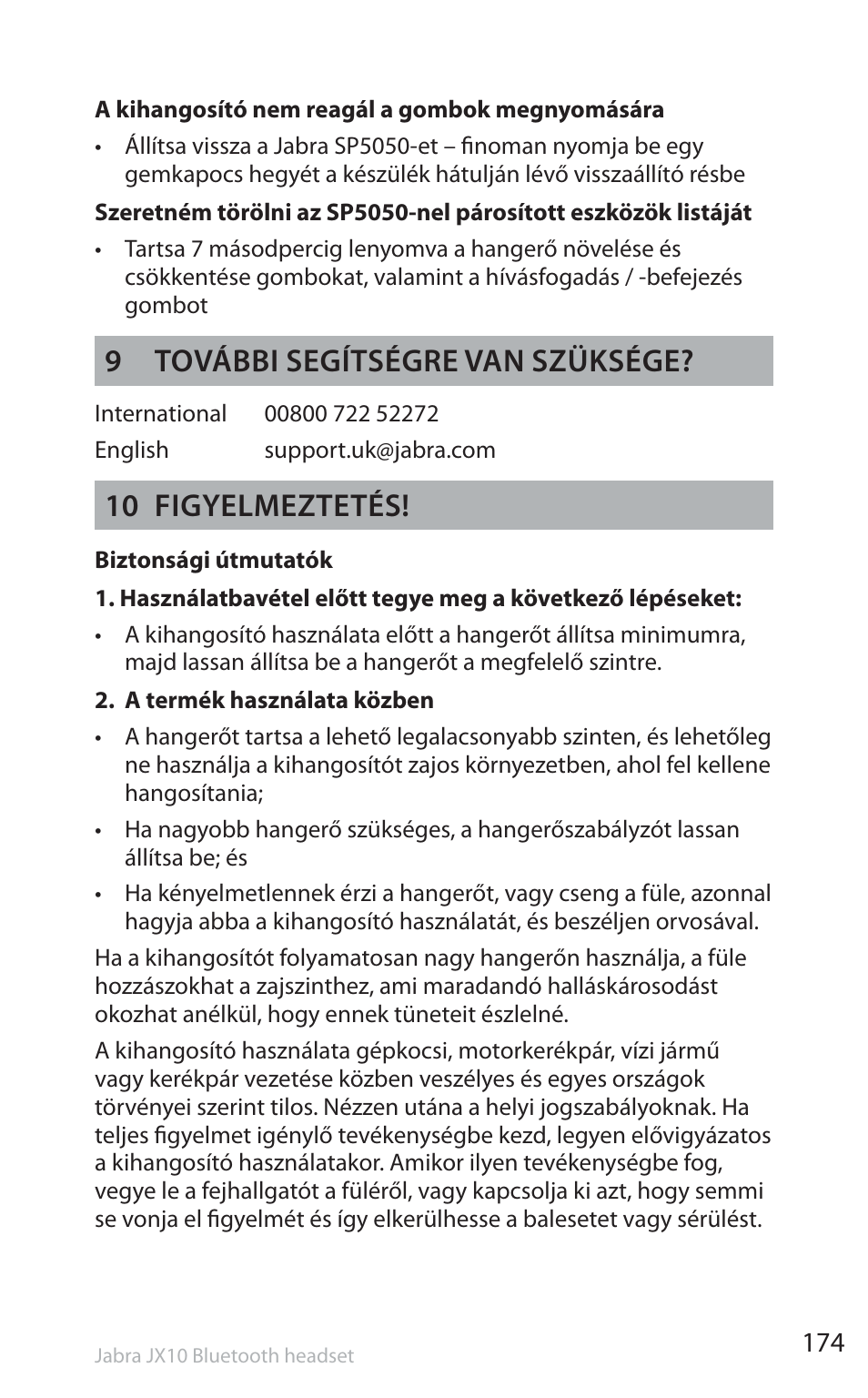 9 további segítségre van szüksége, 10 figyelmeztetés | Jabra SP5050 User Manual | Page 176 / 221