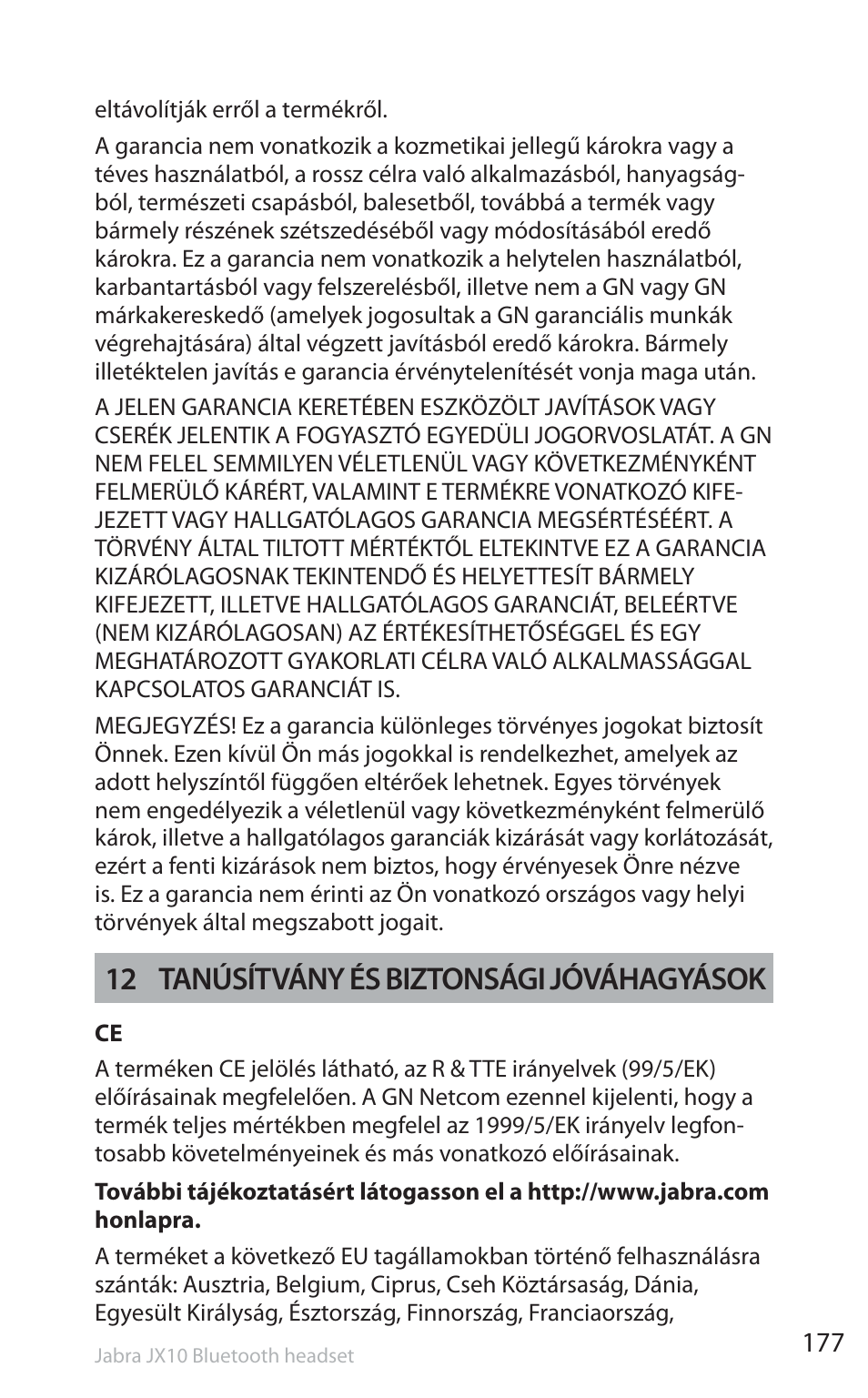 12 tanúsítvány és biztonsági jóváhagyások | Jabra SP5050 User Manual | Page 179 / 221