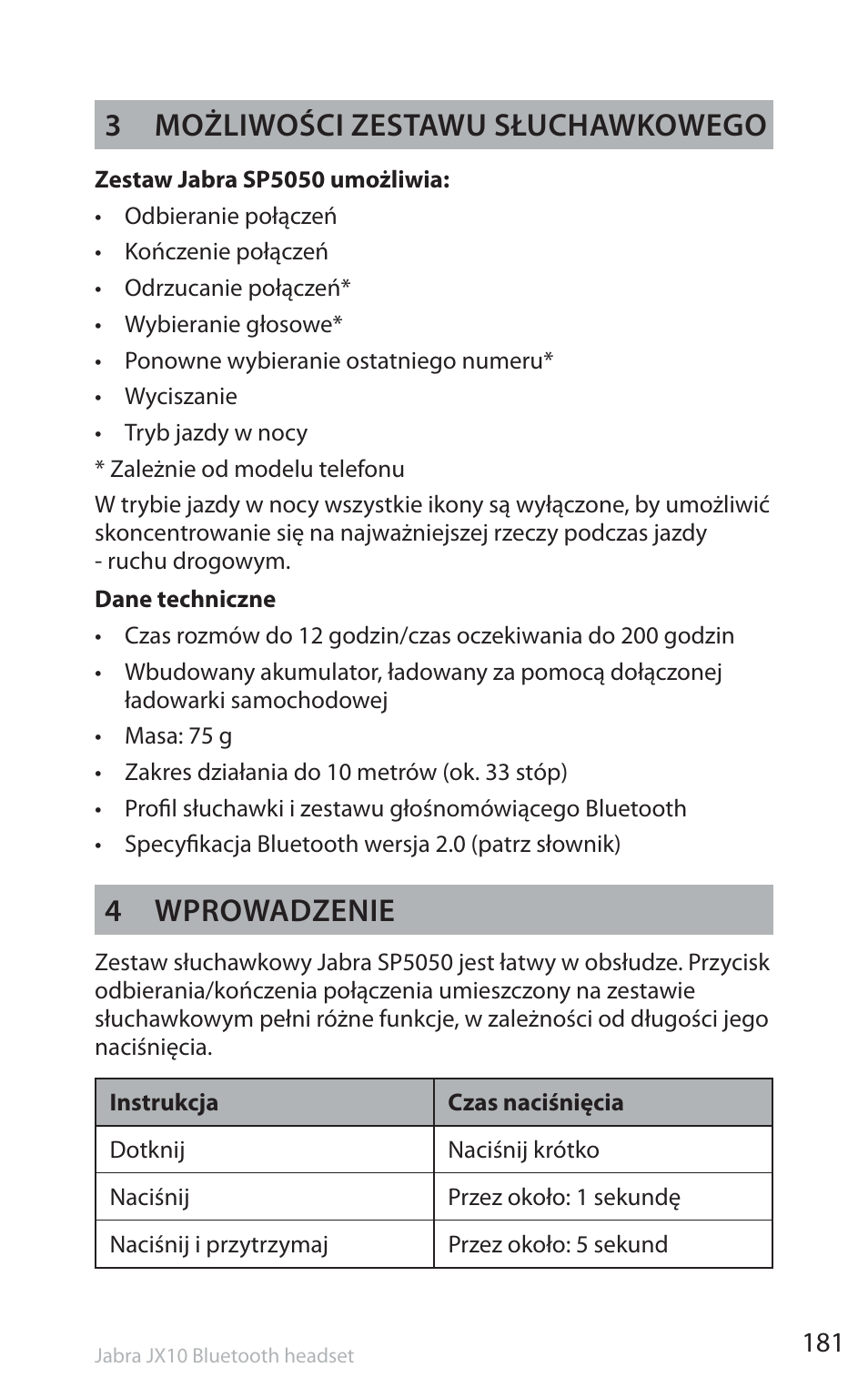 3 możliwości zestawu słuchawkowego, 4 wprowadzenie | Jabra SP5050 User Manual | Page 183 / 221