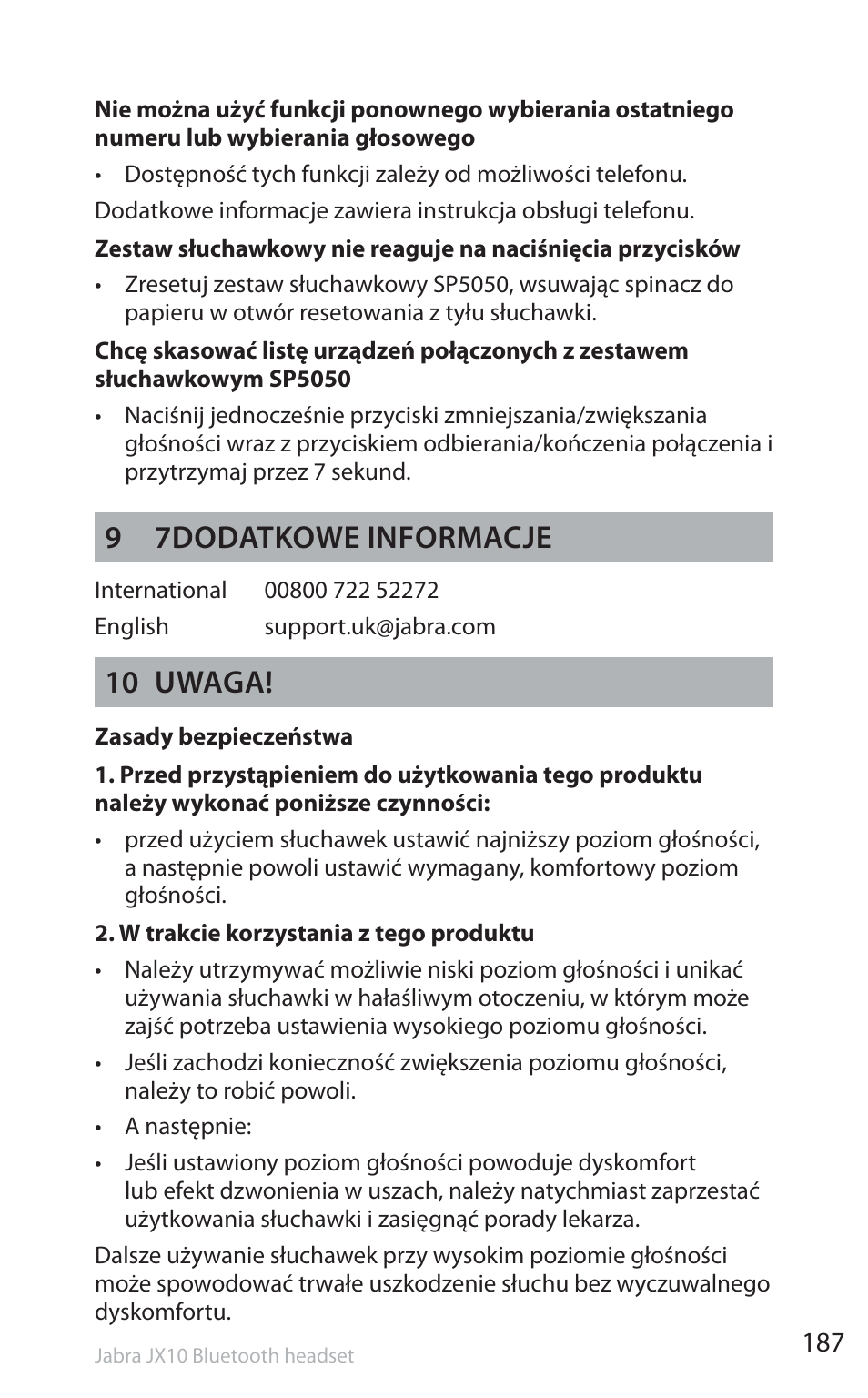 9 7dodatkowe informacje, 10 uwaga | Jabra SP5050 User Manual | Page 189 / 221
