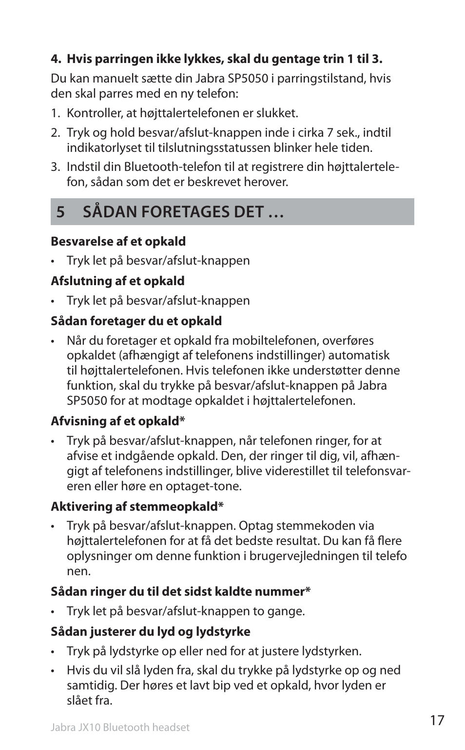 5 sådan foretages det | Jabra SP5050 User Manual | Page 19 / 221