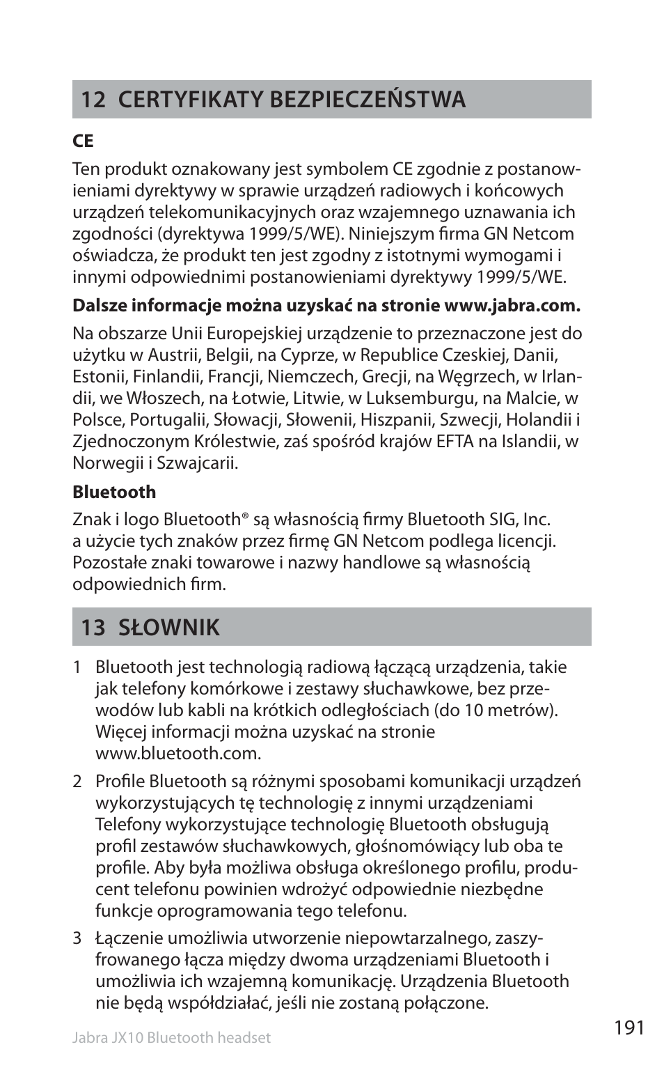 12 certyfikaty bezpieczeństwa, 13 słownik | Jabra SP5050 User Manual | Page 193 / 221