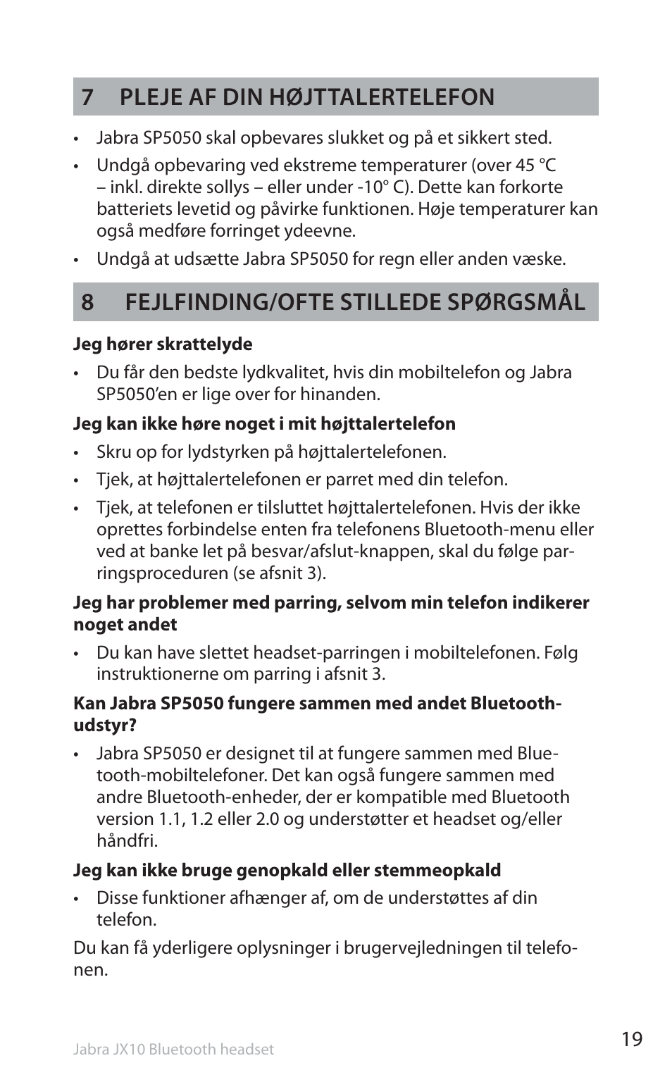 7 pleje af din højttalertelefon, 8 fejlfinding/ofte stillede spørgsmål | Jabra SP5050 User Manual | Page 21 / 221