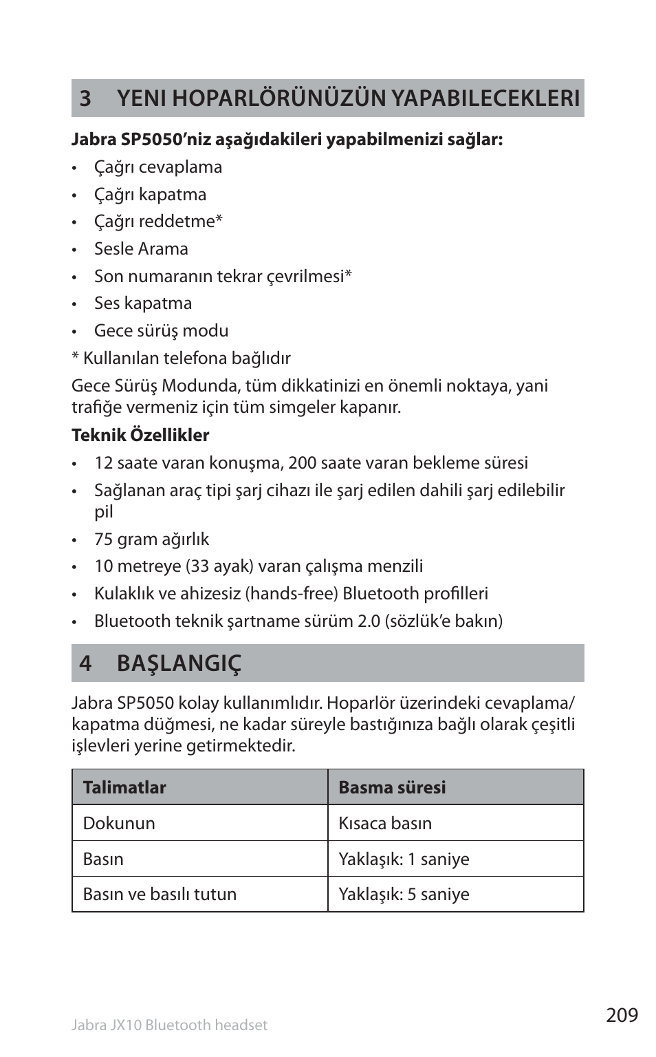 3 yeni hoparlörünüzün yapabilecekleri, 4 başlangiç | Jabra SP5050 User Manual | Page 211 / 221