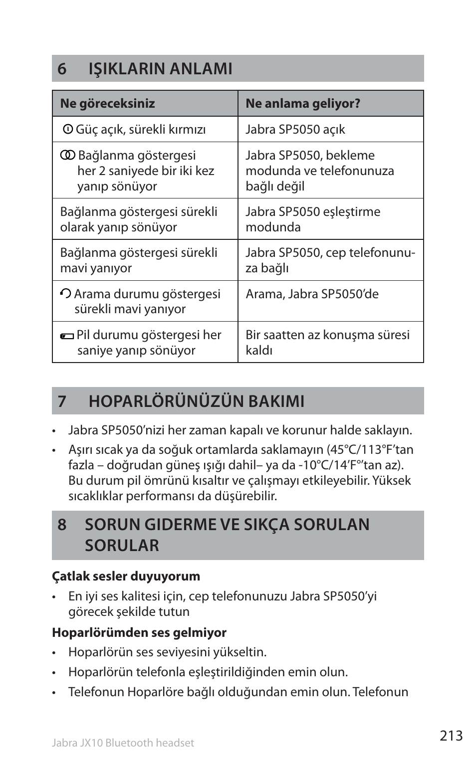 6işiklarin anlami, 7hoparlörünüzün bakimi, 8 sorun giderme ve sikça sorulan sorular | Jabra SP5050 User Manual | Page 215 / 221