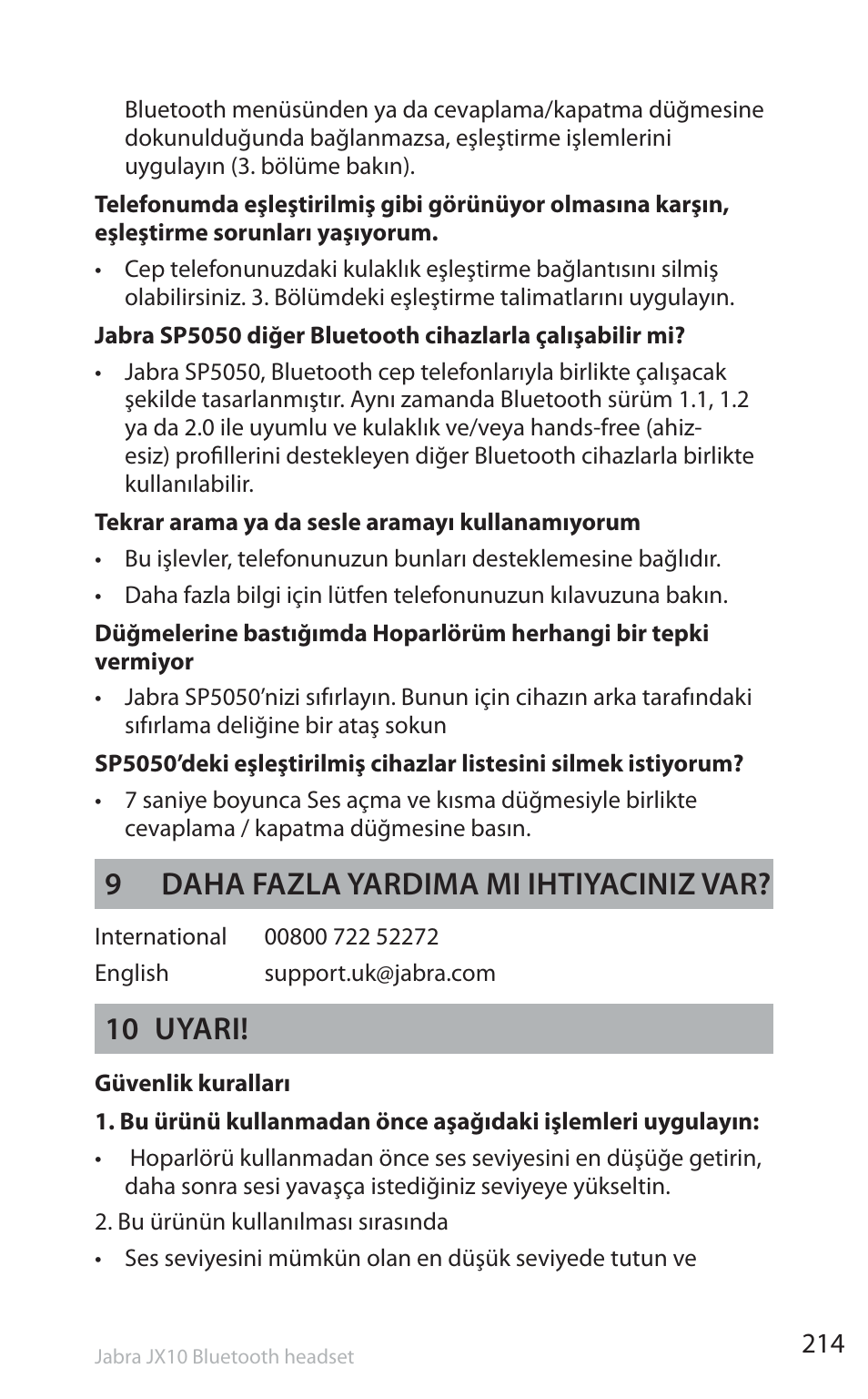 9daha fazla yardima mi ihtiyaciniz var, 10 uyari | Jabra SP5050 User Manual | Page 216 / 221