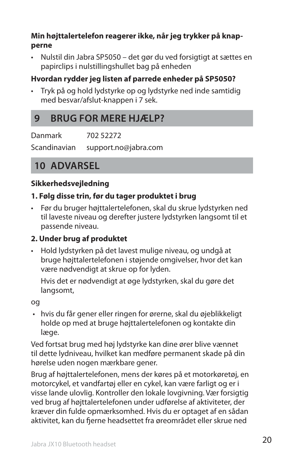 9 brug for mere hjælp, 10 advarsel | Jabra SP5050 User Manual | Page 22 / 221