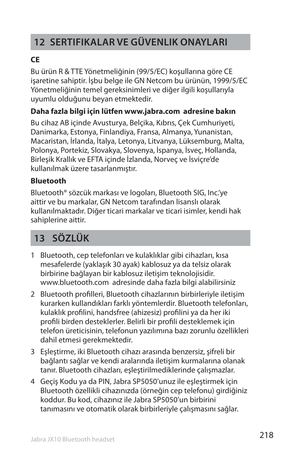 12 sertifikalar ve güvenlik onaylari, 13 sözlük | Jabra SP5050 User Manual | Page 220 / 221