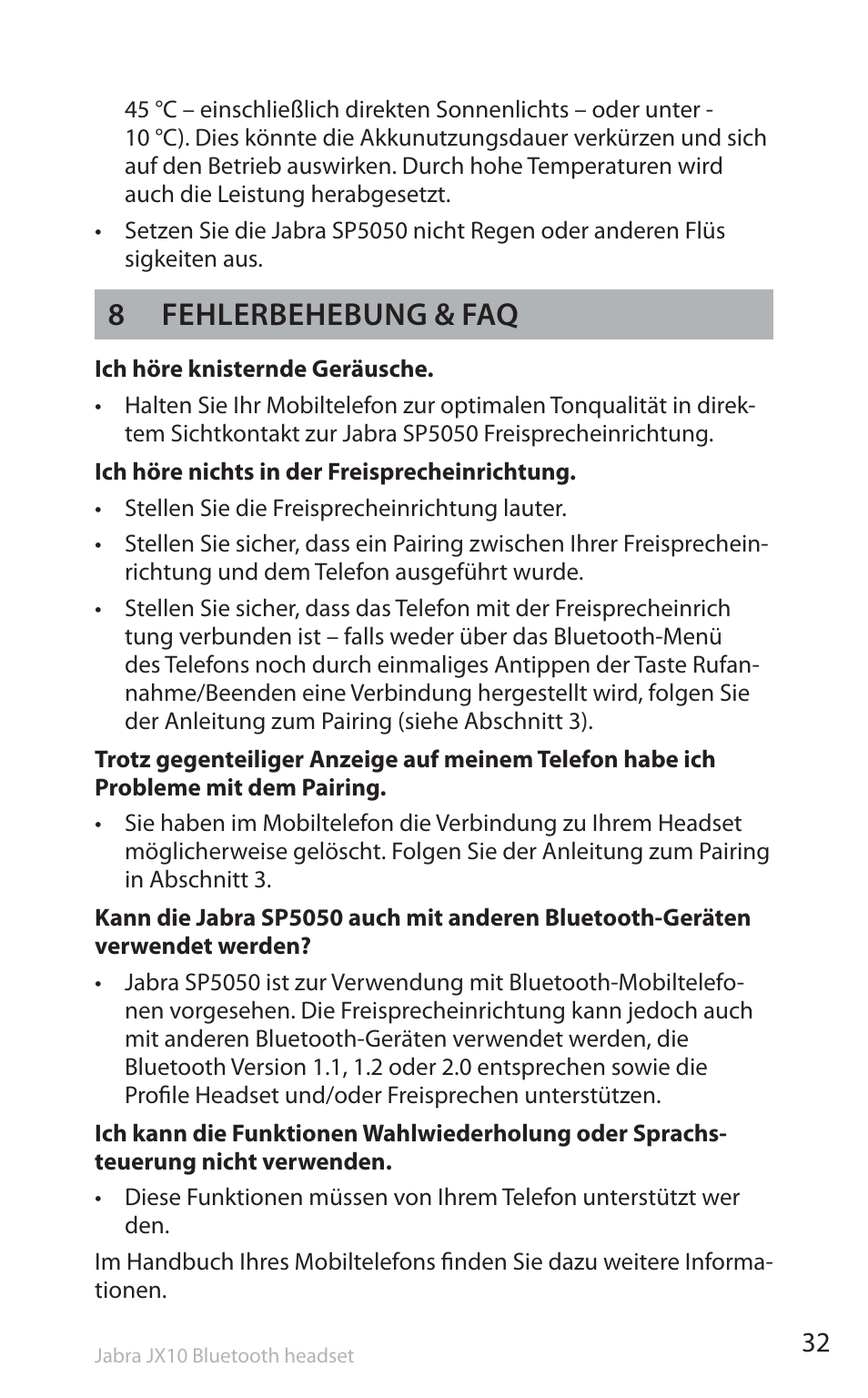 8 fehlerbehebung & faq | Jabra SP5050 User Manual | Page 34 / 221