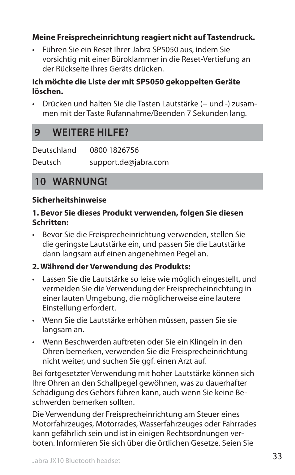 9 weitere hilfe, 10 warnung | Jabra SP5050 User Manual | Page 35 / 221