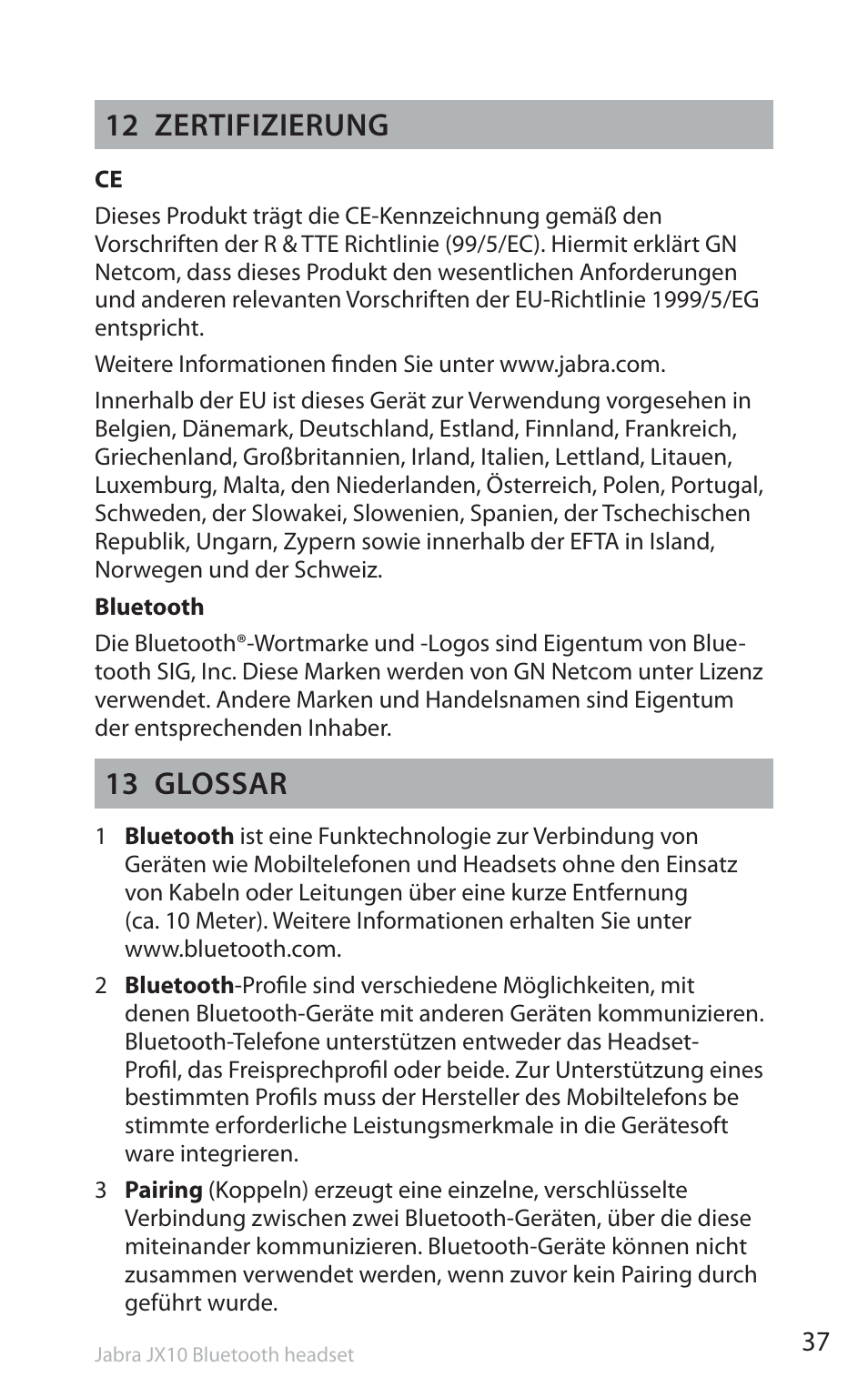 12 zertifizierung, 13 glossar | Jabra SP5050 User Manual | Page 39 / 221