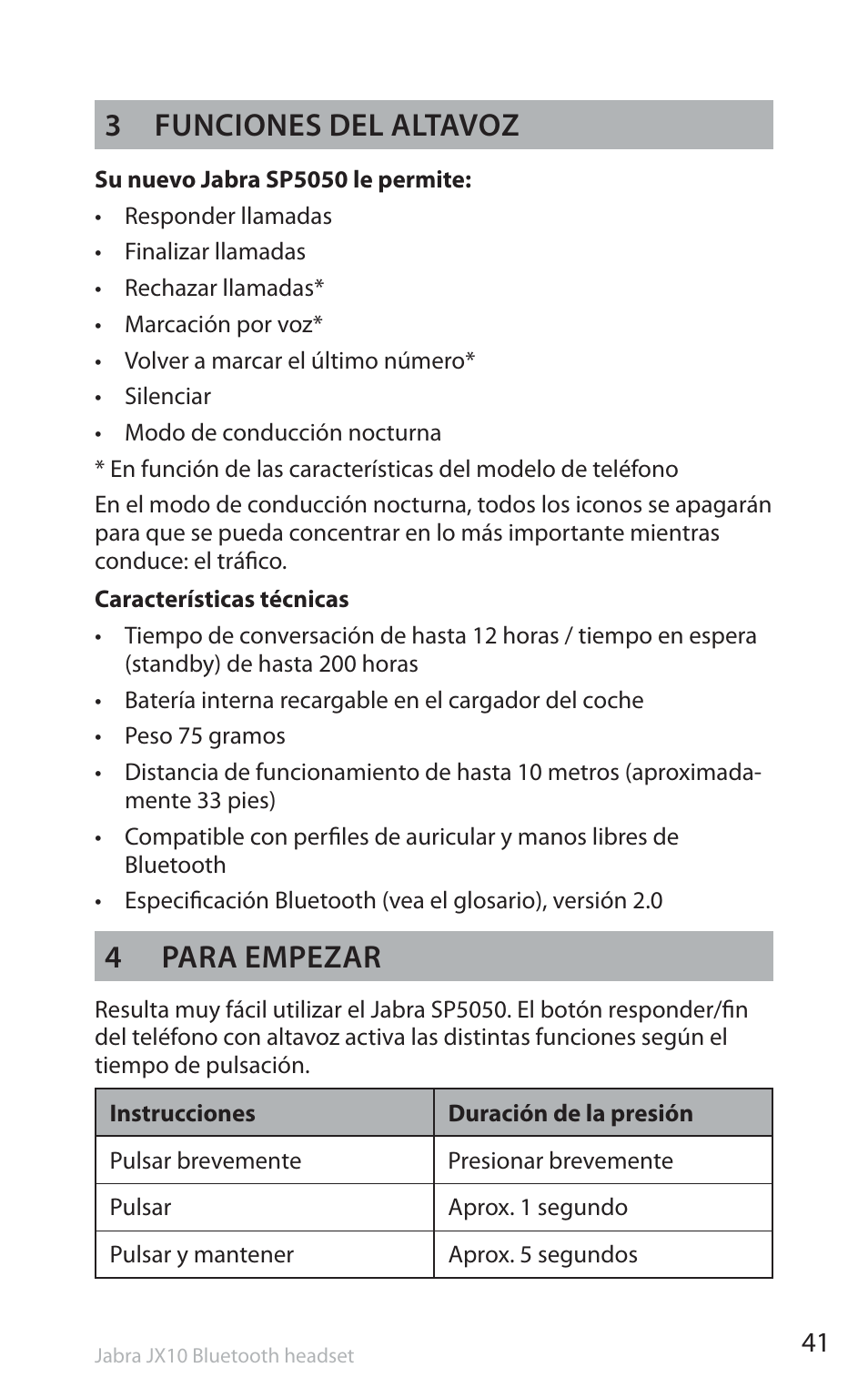 3 funciones del altavoz, 4 para empezar | Jabra SP5050 User Manual | Page 43 / 221