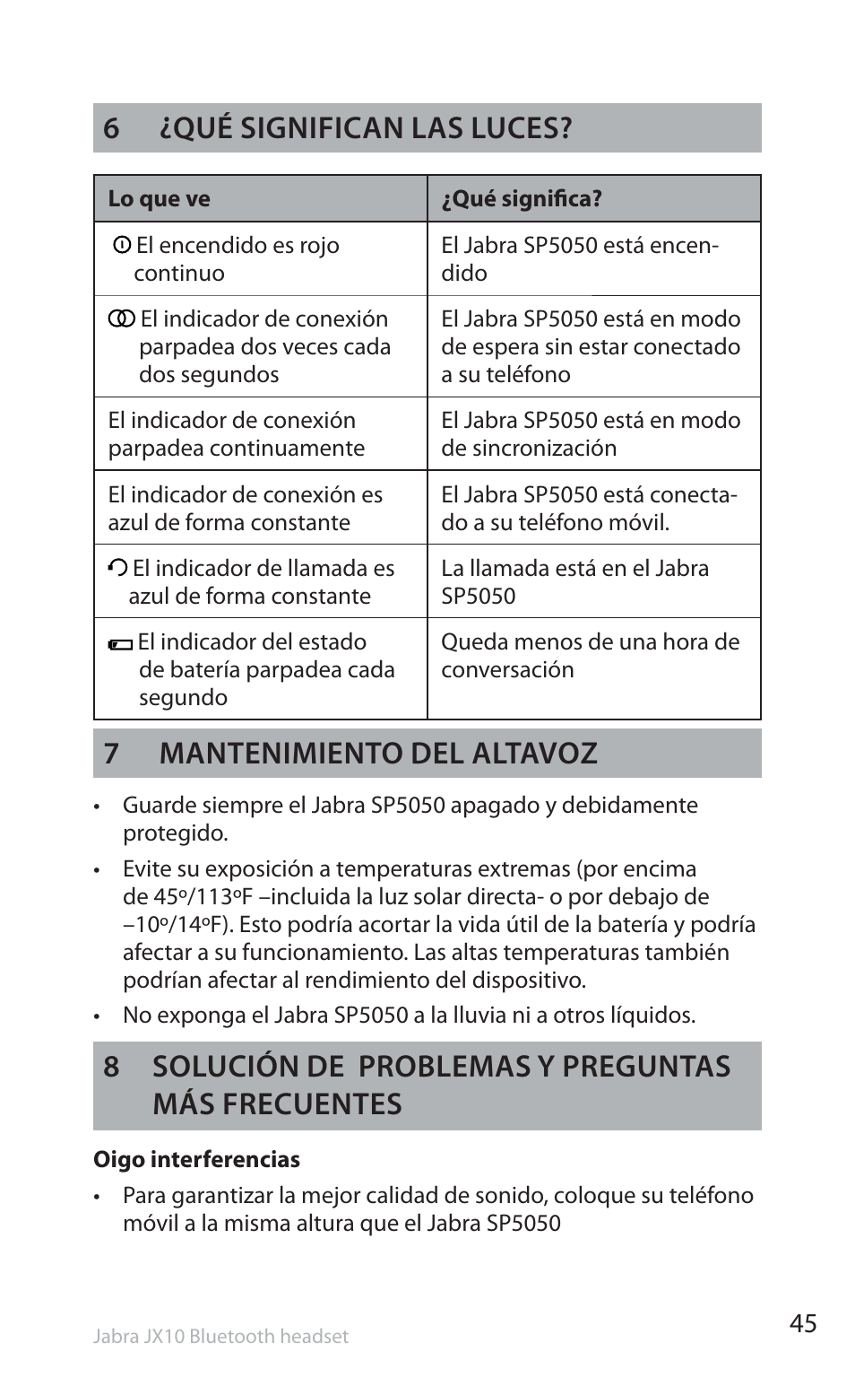 6 ¿qué significan las luces, 7mantenimiento del altavoz, 8 solución de problemas y preguntas más frecuentes | Jabra SP5050 User Manual | Page 47 / 221