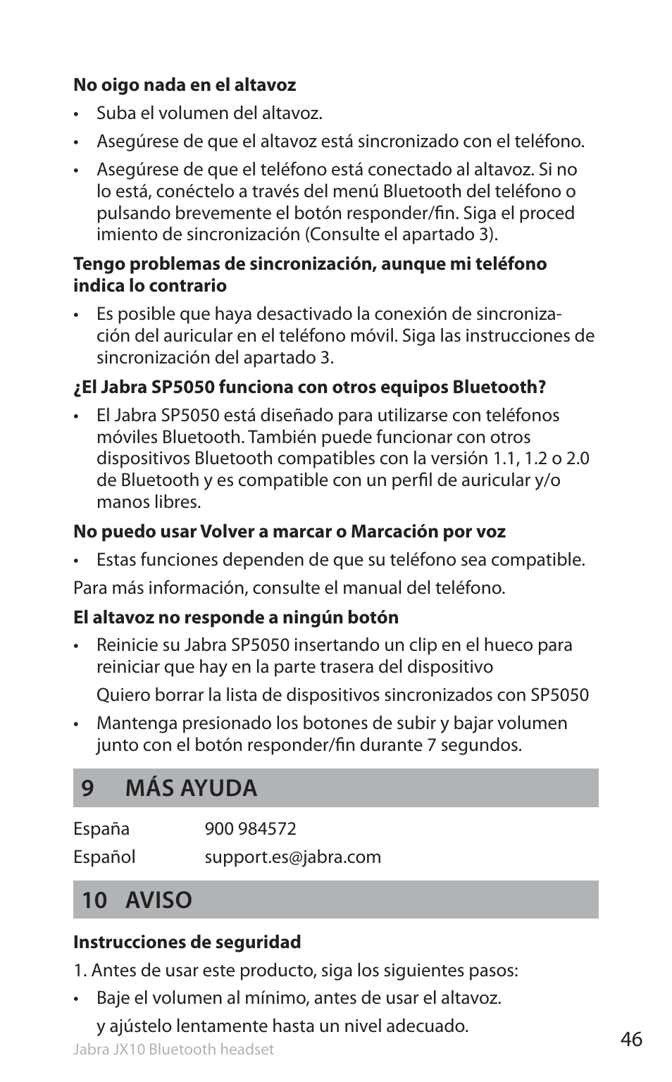 9más ayuda, 10 aviso | Jabra SP5050 User Manual | Page 48 / 221