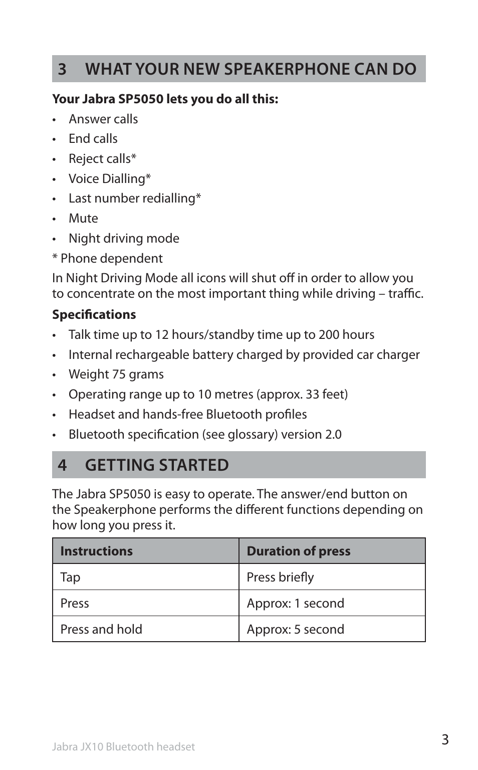 3 what your new speakerphone can do, 4 getting started | Jabra SP5050 User Manual | Page 5 / 221