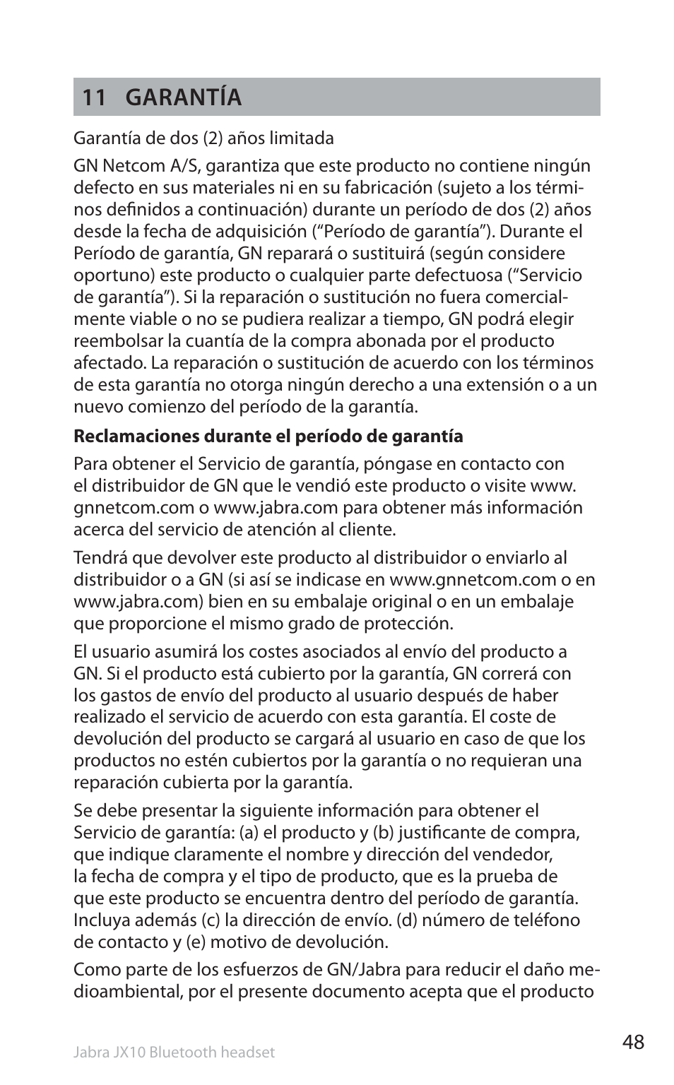 11 garantía | Jabra SP5050 User Manual | Page 50 / 221