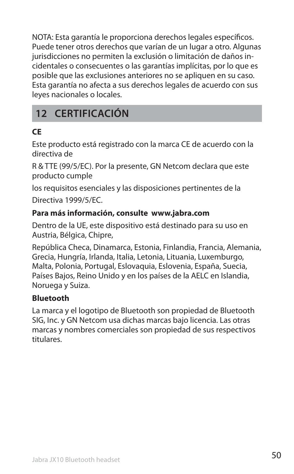 12 certificación | Jabra SP5050 User Manual | Page 52 / 221