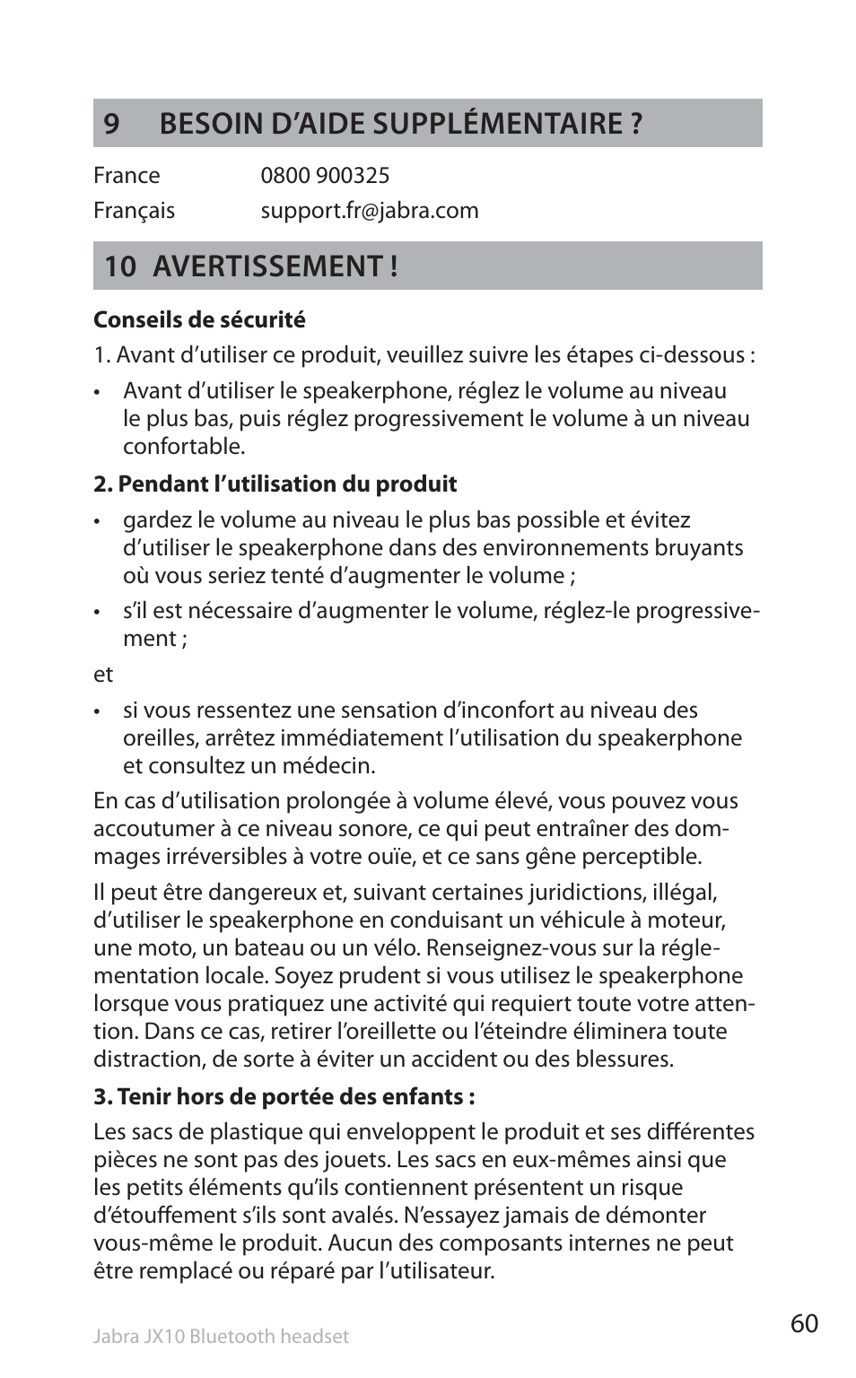 9besoin d’aide supplémentaire, 10 avertissement | Jabra SP5050 User Manual | Page 62 / 221