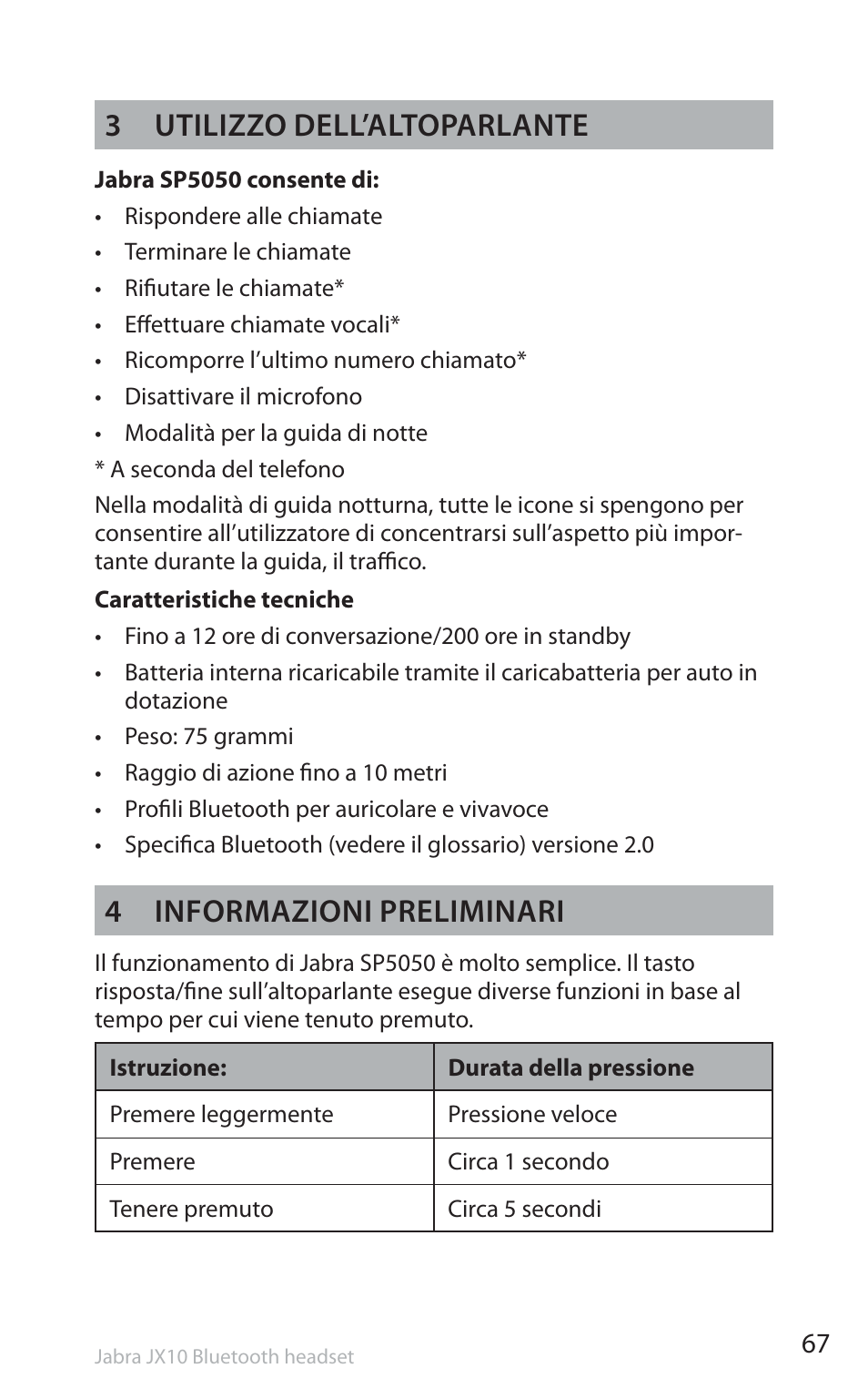 3 utilizzo dell’altoparlante, 4 informazioni preliminari | Jabra SP5050 User Manual | Page 69 / 221