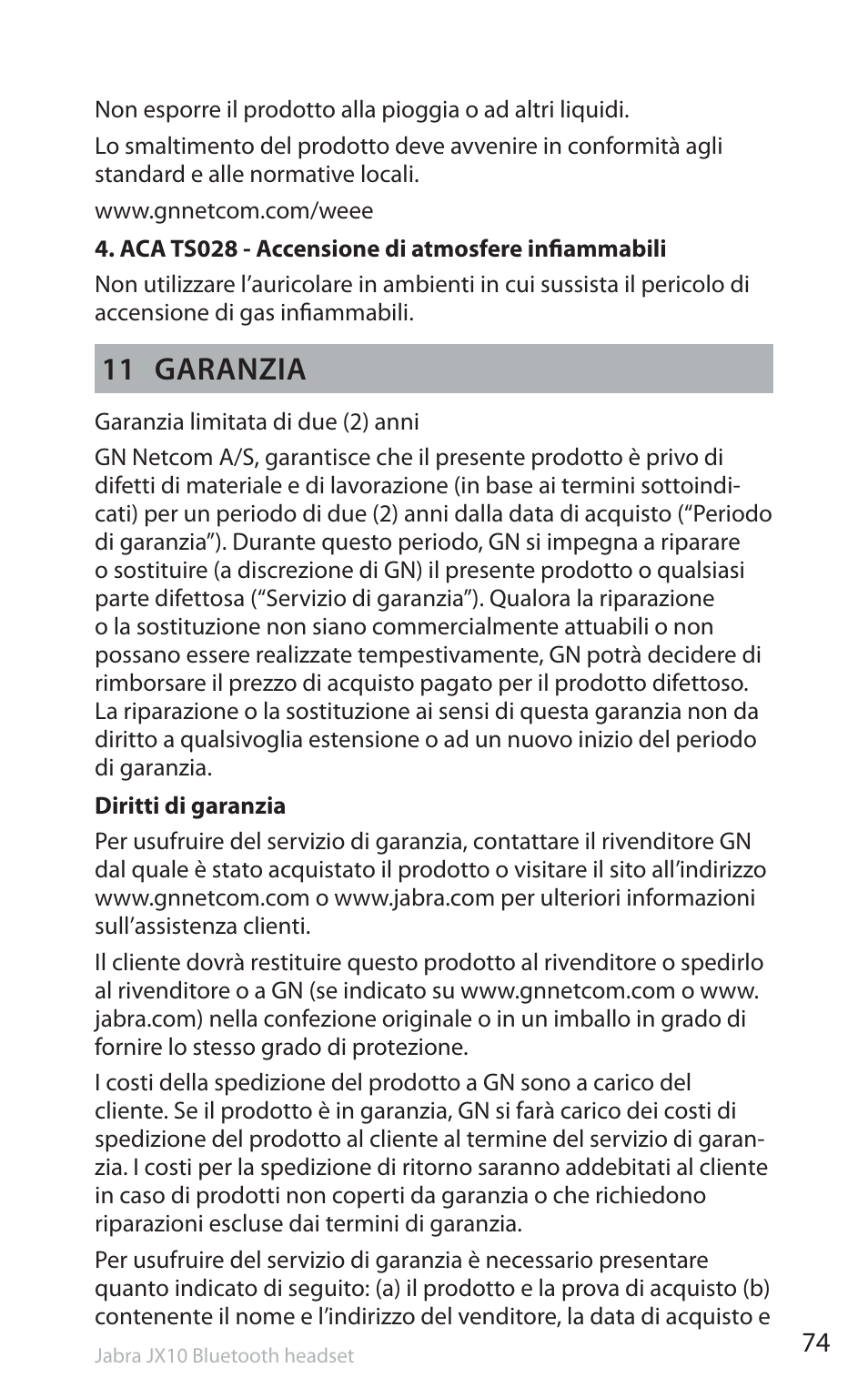 11 garanzia | Jabra SP5050 User Manual | Page 76 / 221