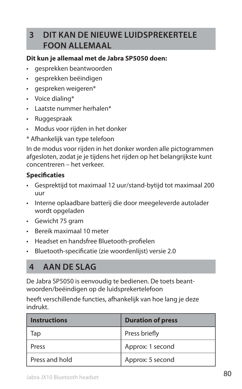 3 dit kan de nieuwe luidsprekertele foon allemaal, 4 aan de slag | Jabra SP5050 User Manual | Page 82 / 221