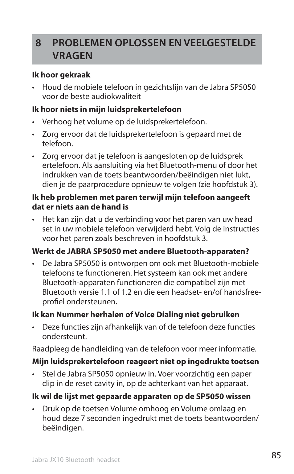 8 problemen oplossen en veelgestelde vragen | Jabra SP5050 User Manual | Page 87 / 221