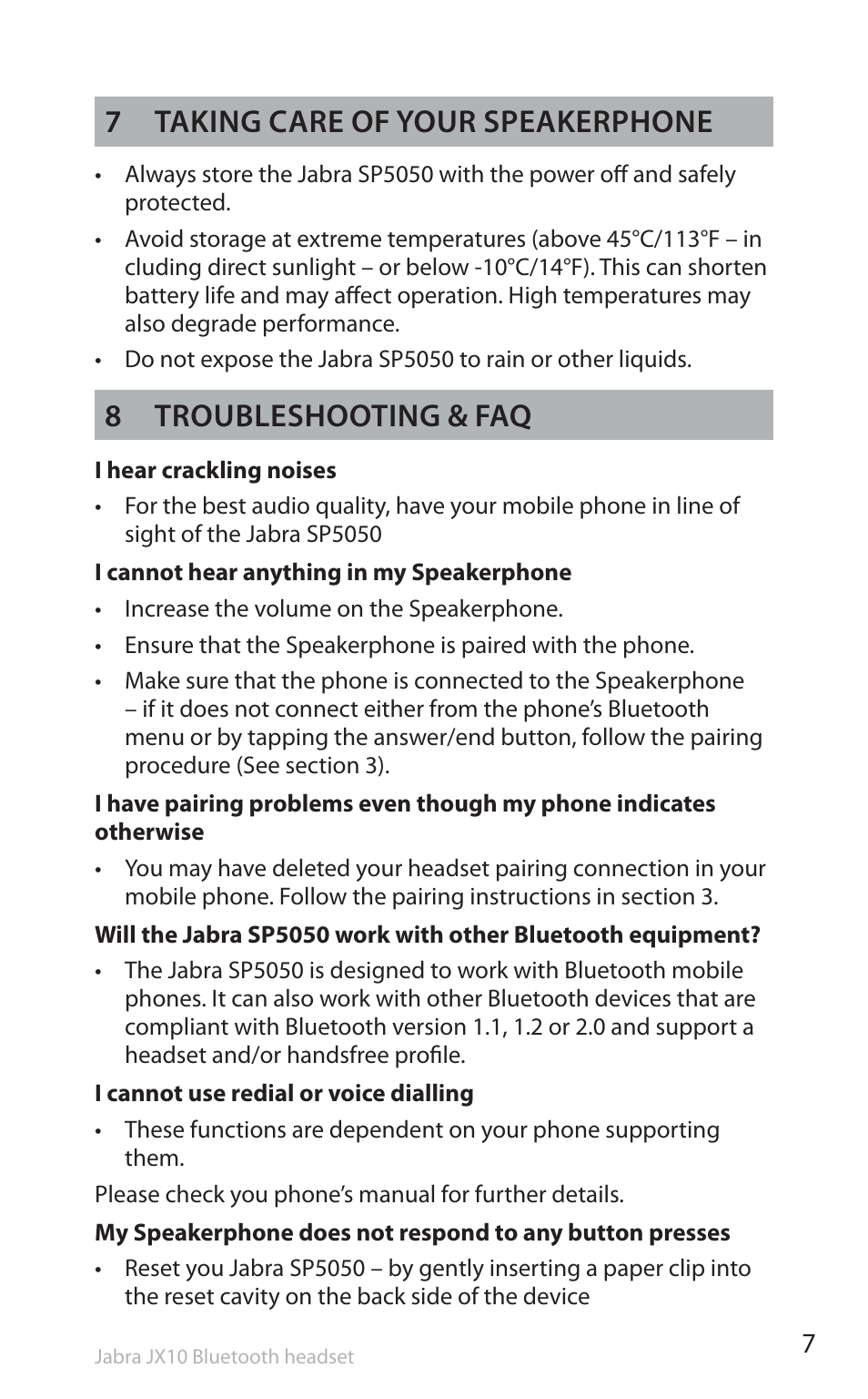 7 taking care of your speakerphone, 8 troubleshooting & faq | Jabra SP5050 User Manual | Page 9 / 221