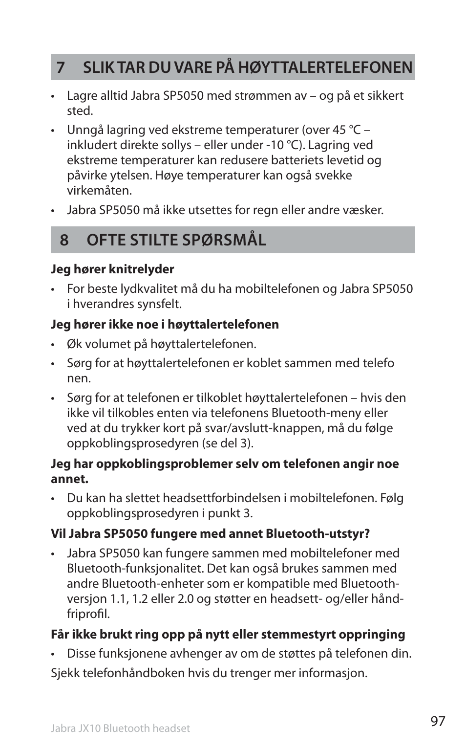 7 slik tar du vare på høyttalertelefonen, 8 ofte stilte spørsmål | Jabra SP5050 User Manual | Page 99 / 221
