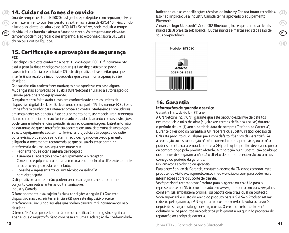 Cuidar dos fones de ouvido, Certificação e aprovações de segurança, Garantia | Jabra REVC 81-00491 User Manual | Page 23 / 31