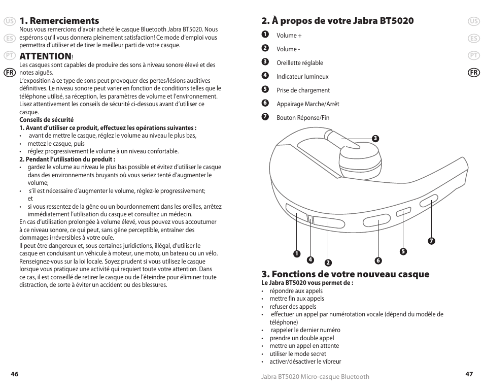 Remerciements, Attention, À propos de votre jabra bt5020 | Fonctions de votre nouveau casque | Jabra REVC 81-00491 User Manual | Page 26 / 31