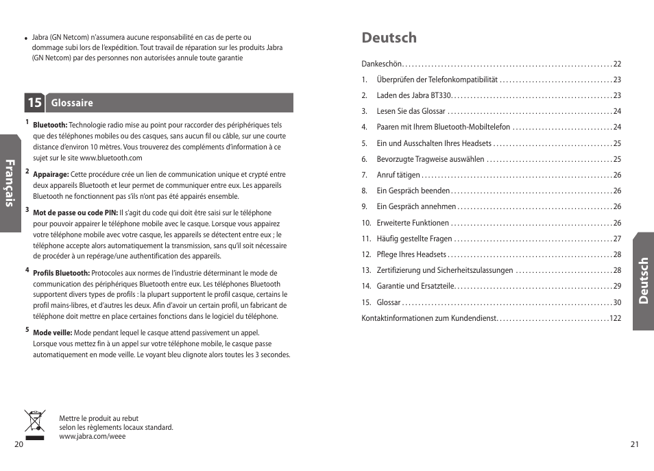 Deutsch, Fr an ça is, Deu ts ch | Jabra BT330 User Manual | Page 12 / 64