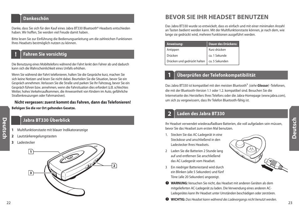 Bevor sie ihr headset benutzen, Deu ts ch | Jabra BT330 User Manual | Page 13 / 64