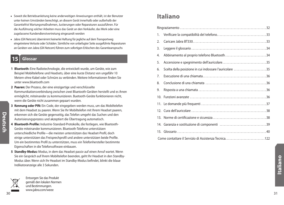 Italiano, Deu ts ch, It al ia n o | Jabra BT330 User Manual | Page 17 / 64