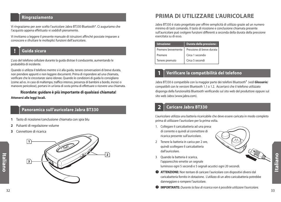 Prima di utilizzare l’auricolare, Ita lia n o, It al ia n o | Jabra BT330 User Manual | Page 18 / 64