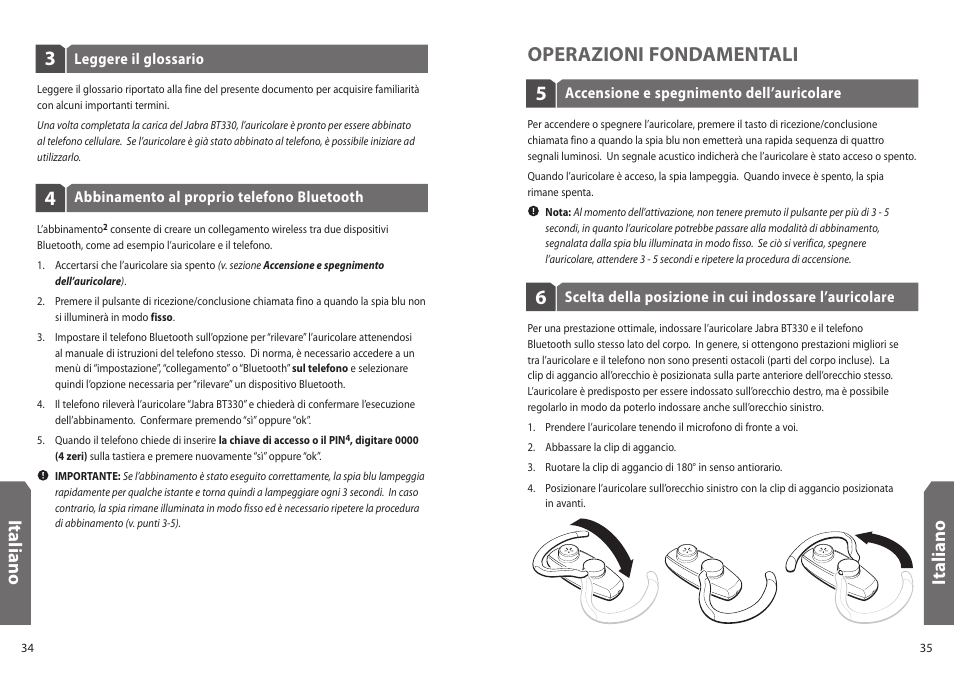 5operazioni fondamentali, Ita lia n o, It al ia n o | Jabra BT330 User Manual | Page 19 / 64