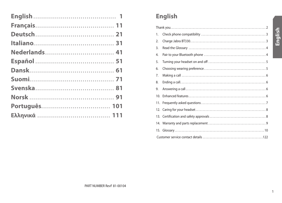 English, 1français, 11 deutsch | 21 italiano, 31 nederlands, 41 español, 51 dansk, 61 suomi, 71 svenska, 81 norsk | Jabra BT330 User Manual | Page 2 / 64