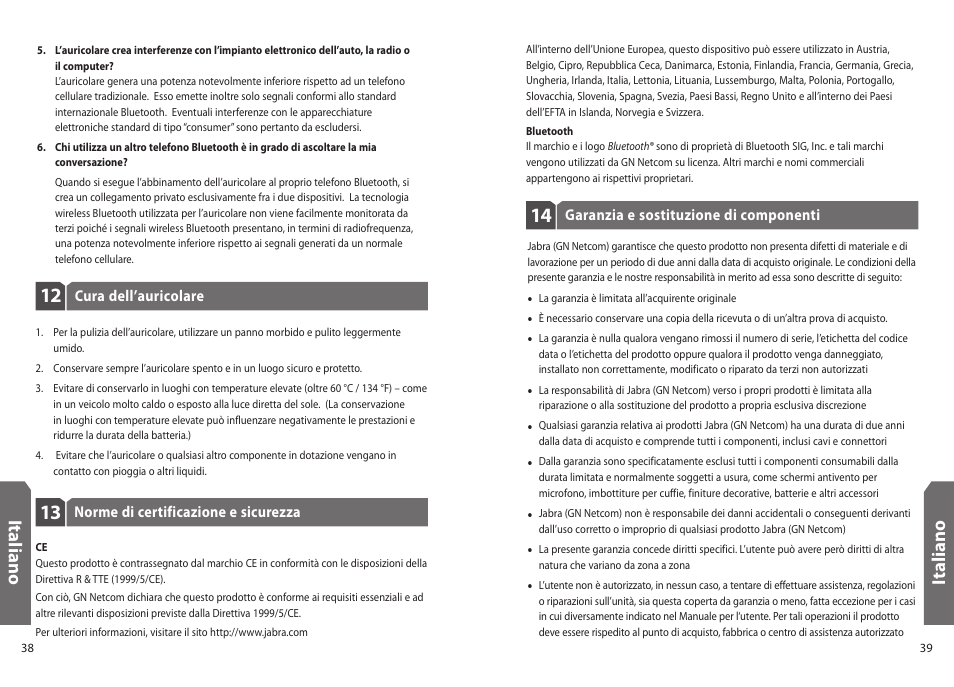 Ita lia n o, It al ia n o | Jabra BT330 User Manual | Page 21 / 64