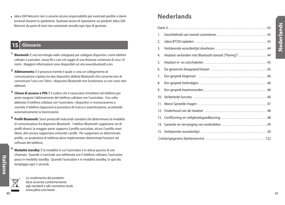 Nederlands, Ita lia n o, Ned er la n d s | Jabra BT330 User Manual | Page 22 / 64